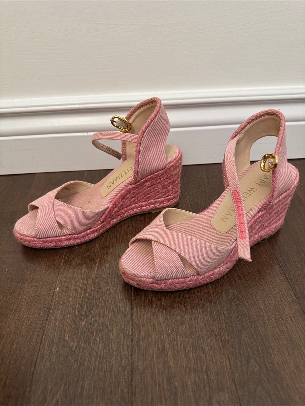 Stuart Weitzman Pink Woven Espadrille Wedge Sandals